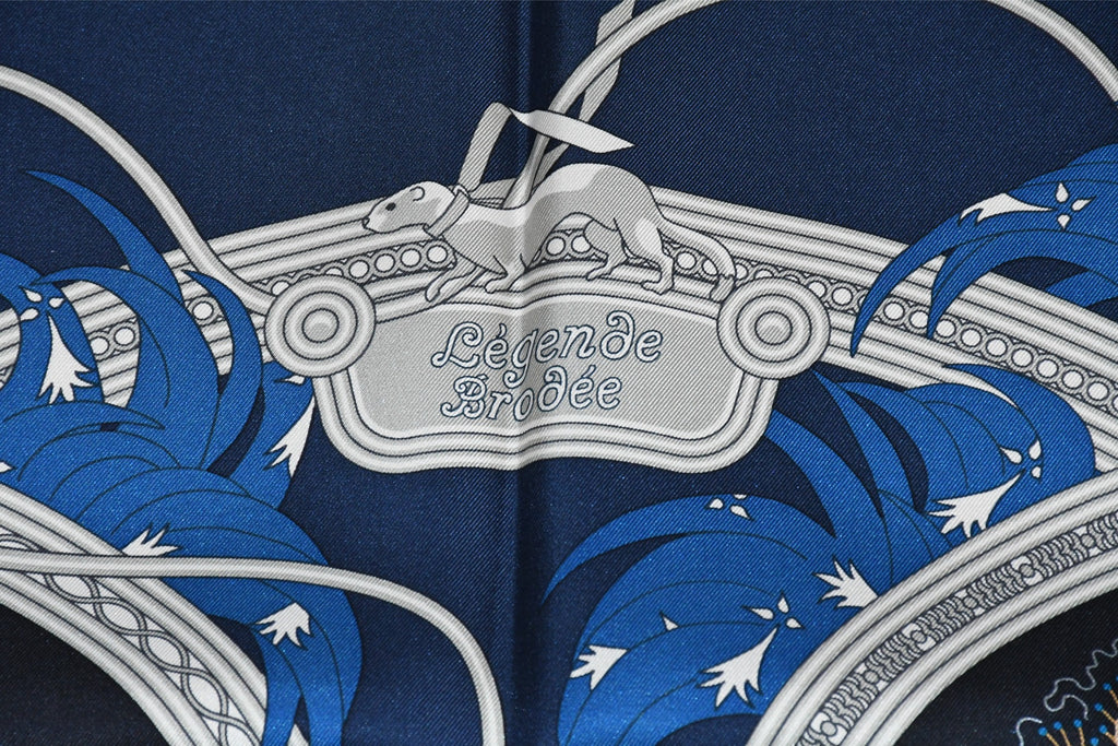 Hermes Scarf Legende Brodee 90 cm silk blue Carre legend embroidery 35"