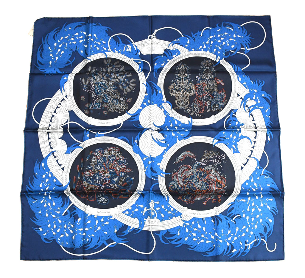 Hermes Scarf Legende Brodee 90 cm silk blue Carre legend embroidery 35"