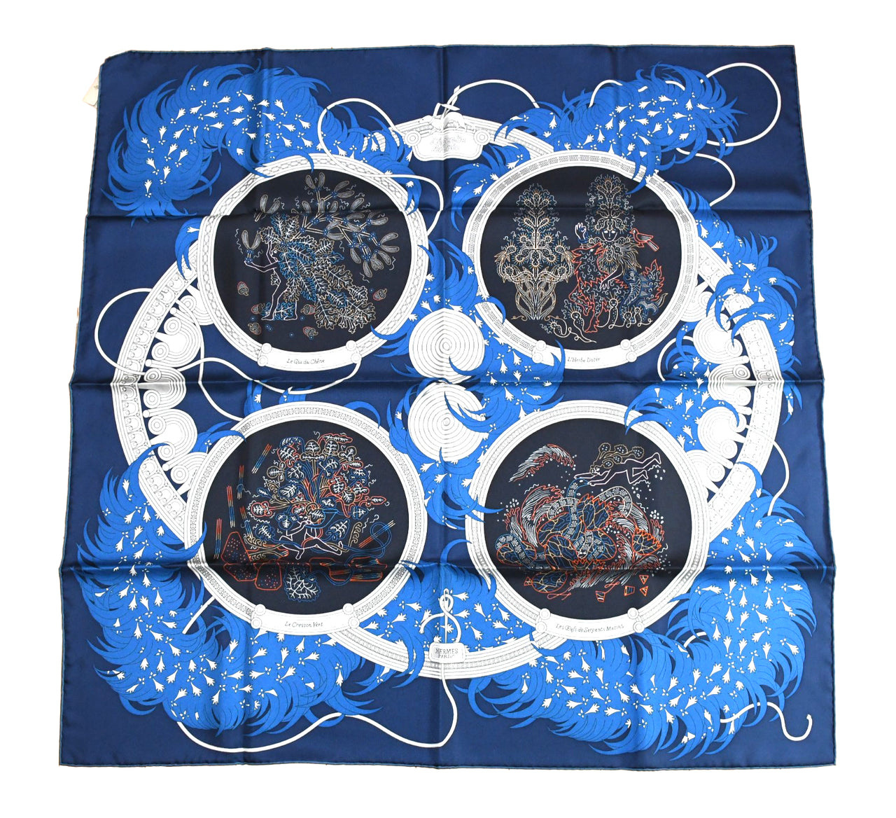 Hermes Scarf Legende Brodee 90 cm silk blue Carre legend embroidery 35"