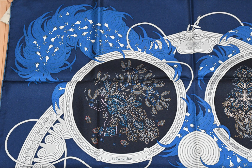 Hermes Scarf Legende Brodee 90 cm silk blue Carre legend embroidery 35"