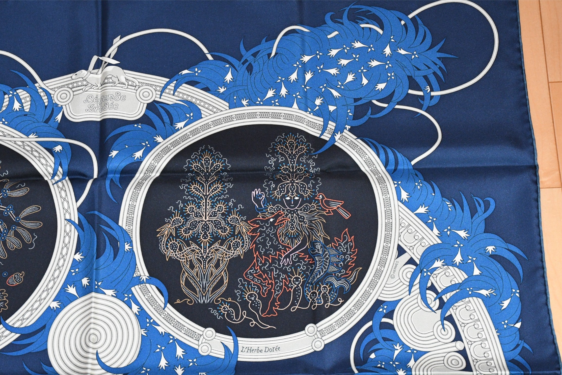 Hermes Scarf Legende Brodee 90 cm silk blue Carre legend