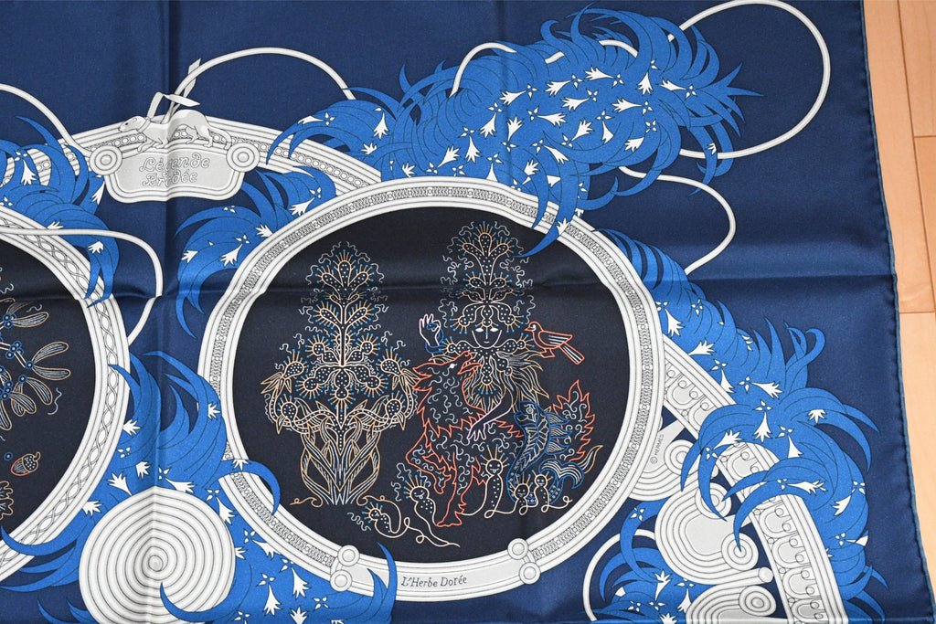 Hermes Scarf Legende Brodee 90 cm silk blue Carre legend embroidery 35"