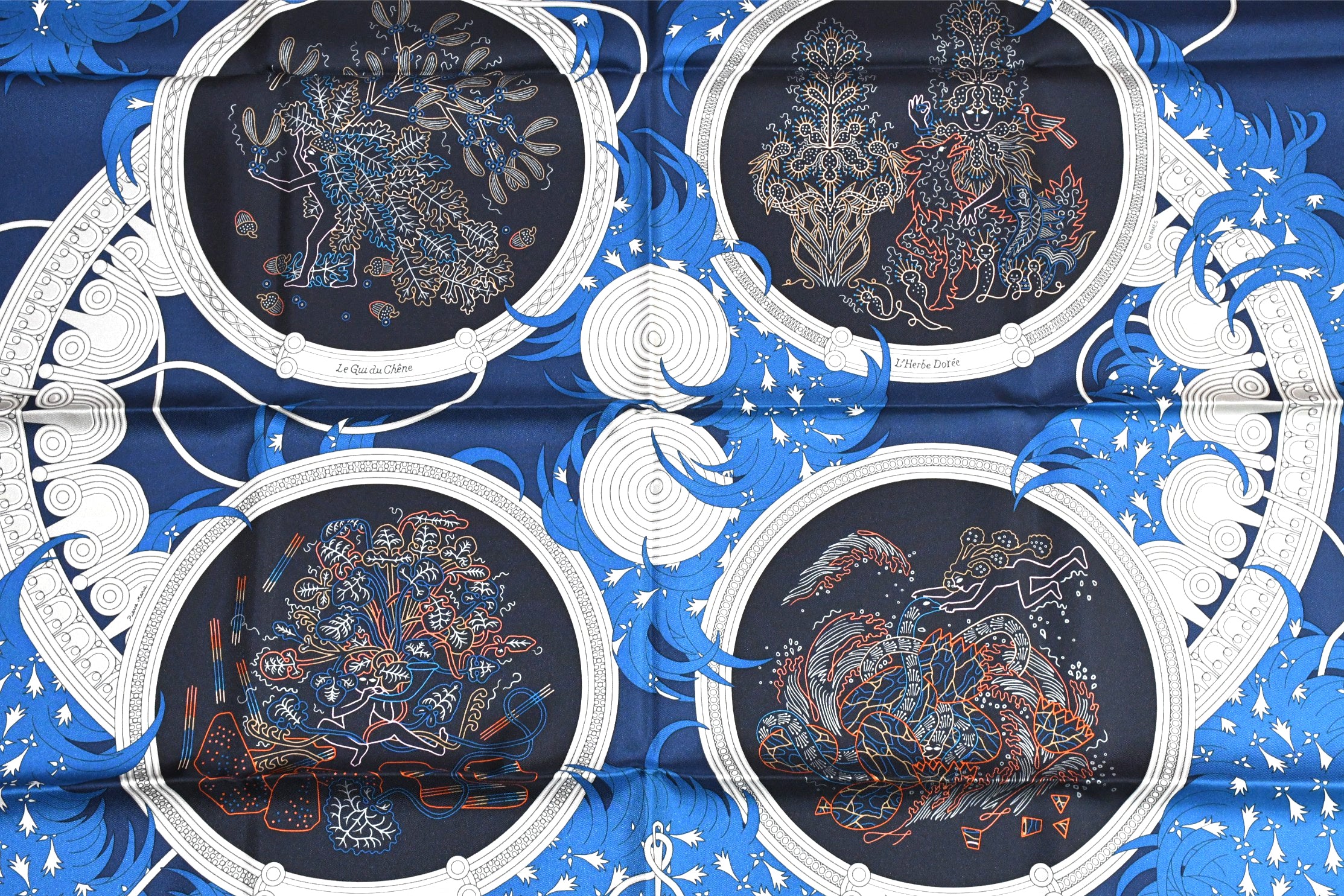 Hermes Scarf Legende Brodee 90 cm silk blue Carre legend