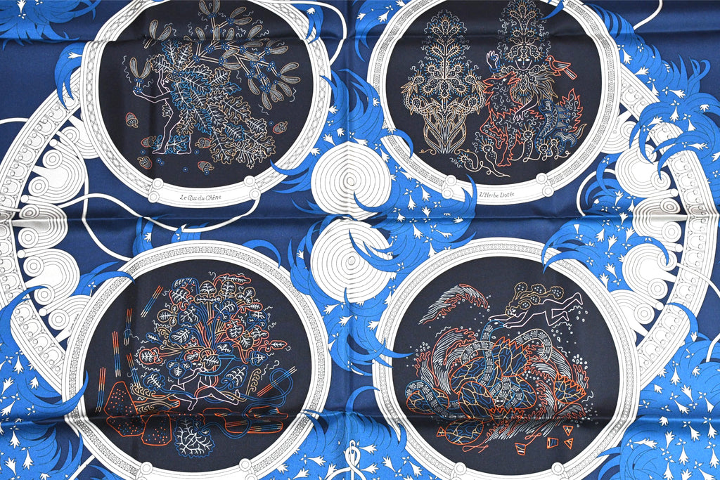 Hermes Scarf Legende Brodee 90 cm silk blue Carre legend embroidery 35"
