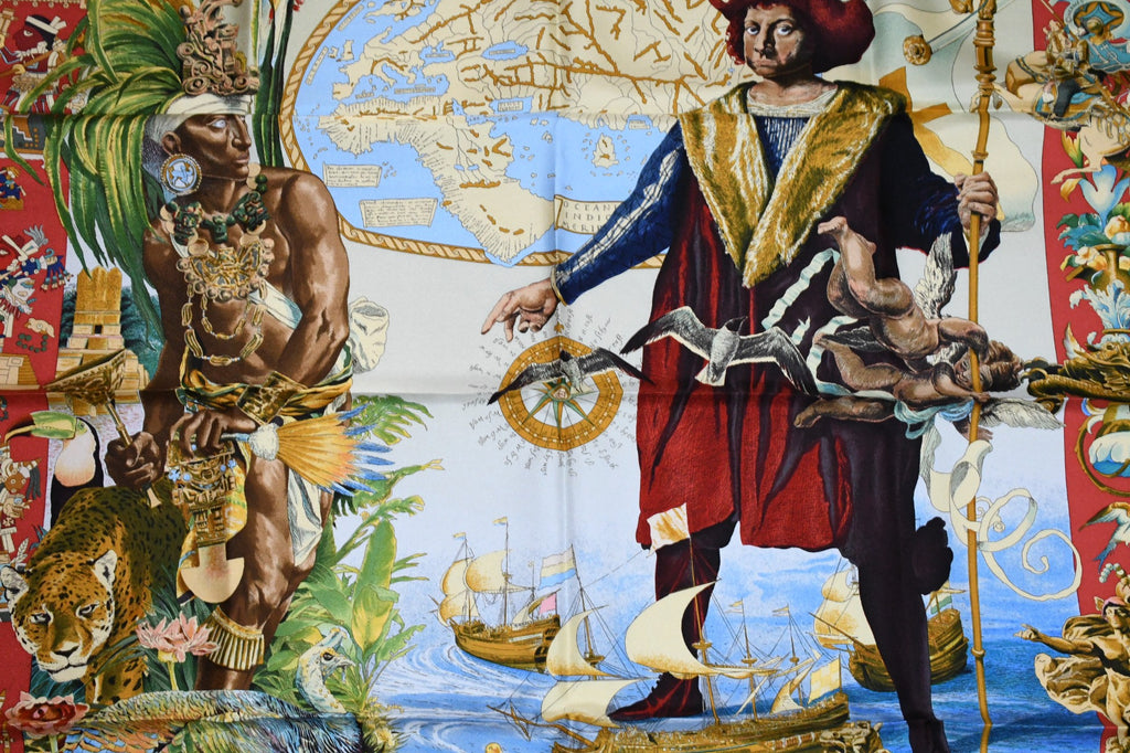 Hermes Scarf Les Ameriques 90 cm silk red Carre america columbus