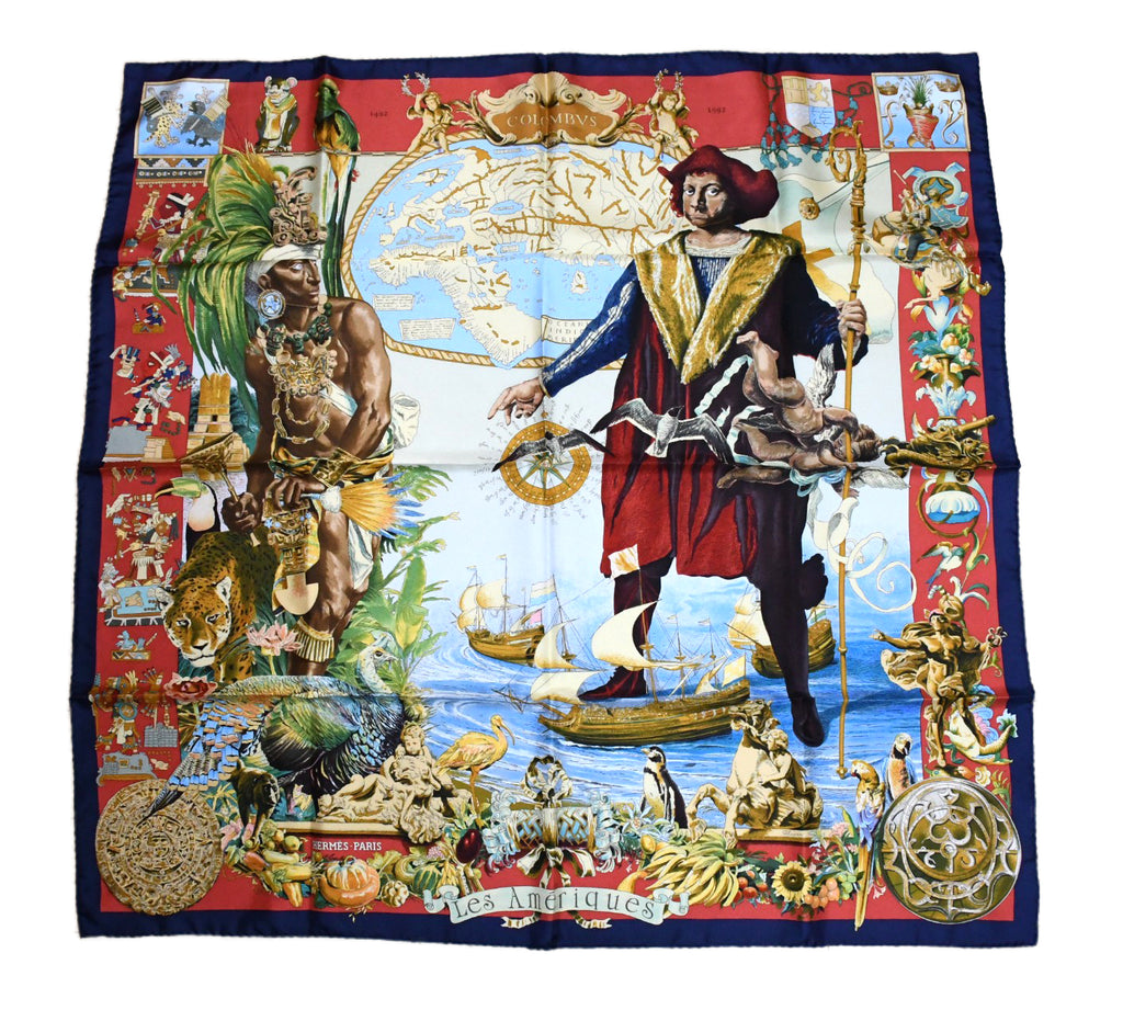 Hermes Scarf Les Ameriques 90 cm silk red Carre america columbus