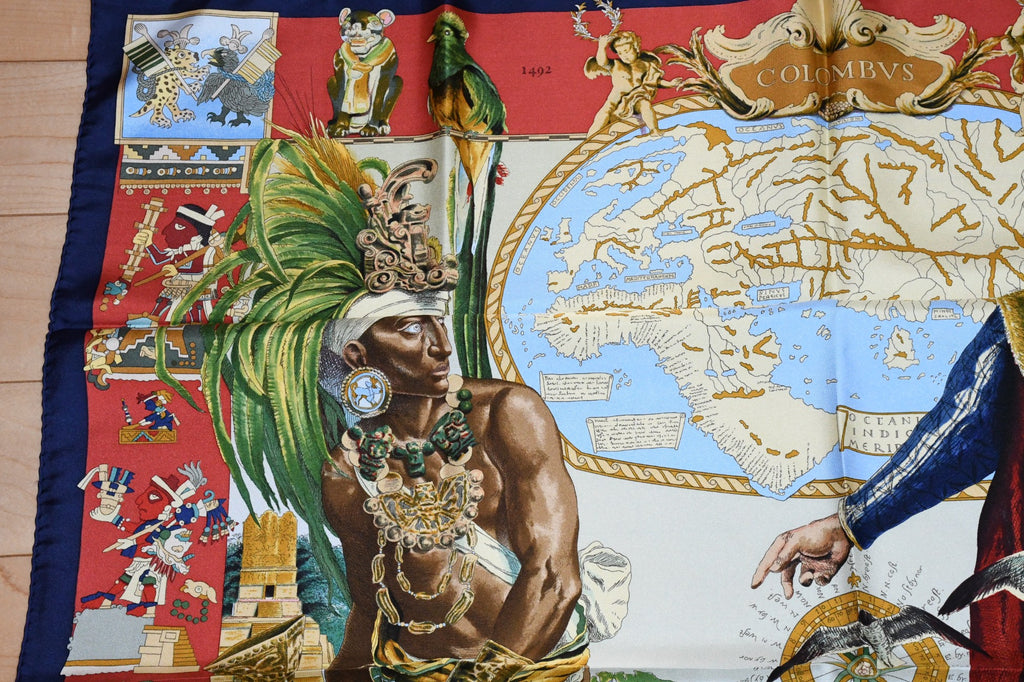 Hermes Scarf Les Ameriques 90 cm silk red Carre america columbus
