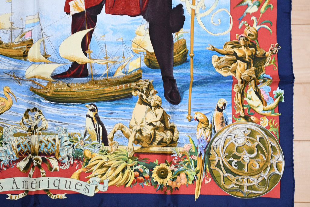Hermes Scarf Les Ameriques 90 cm silk red Carre america columbus