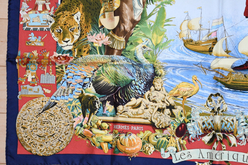 Hermes Scarf Les Ameriques 90 cm silk red Carre america columbus