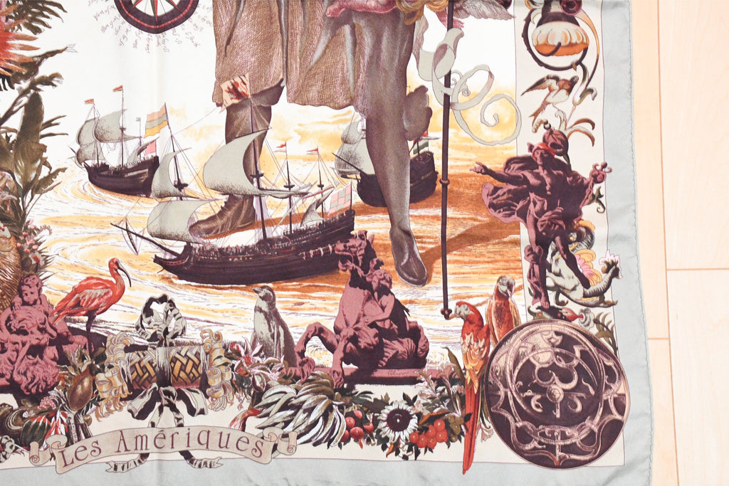 Hermes Scarf Les Ameriques COLMBVS 90 cm silk Columbus America Carre gray 35"