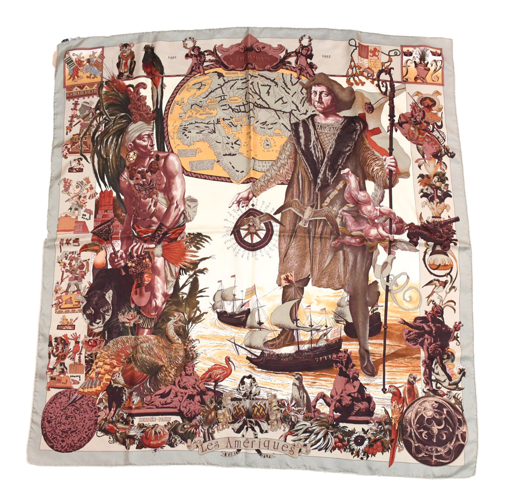 Hermes Scarf Les Ameriques COLMBVS 90 cm silk Columbus America Carre gray 35"