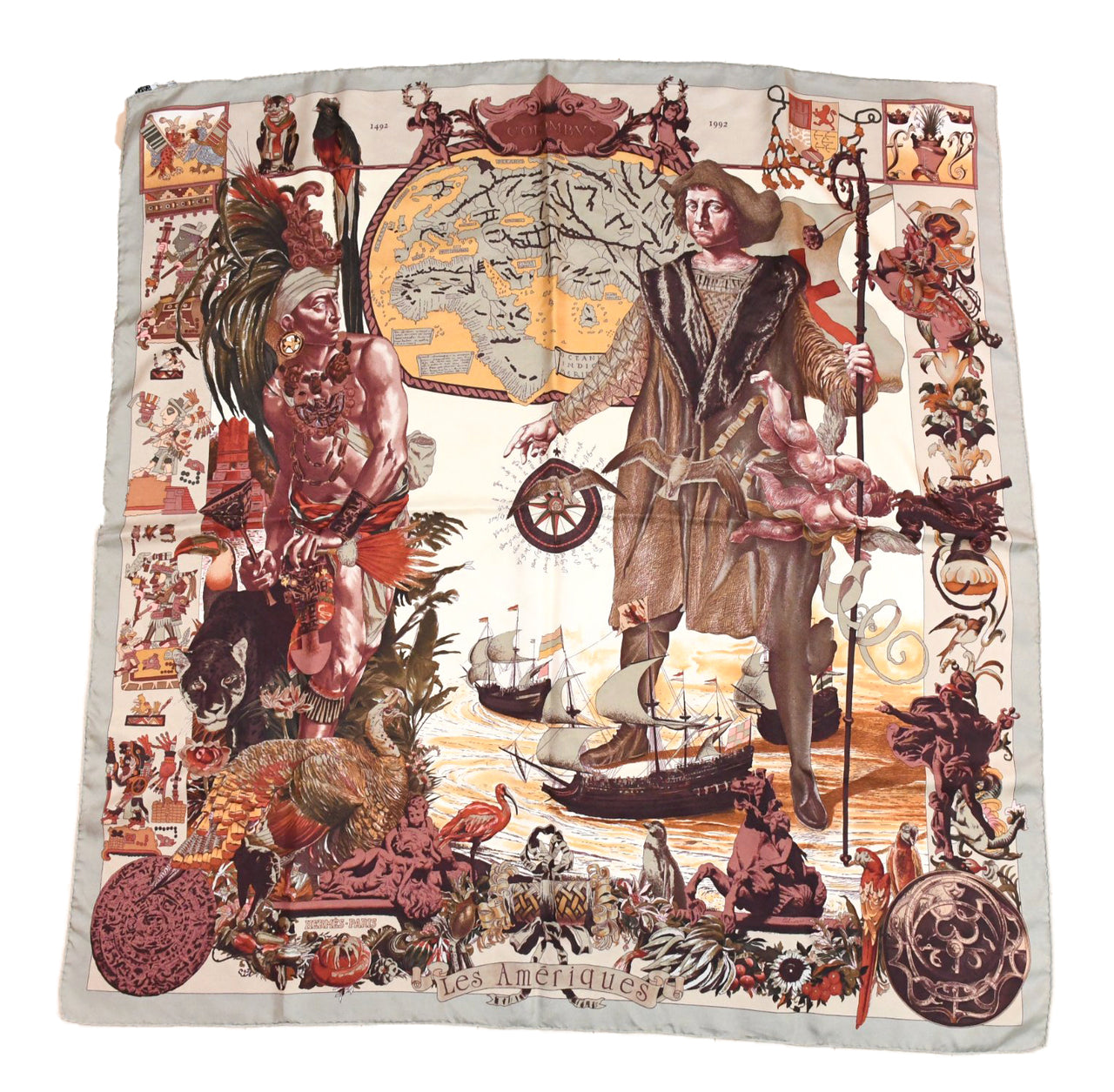 Hermes Scarf Les Ameriques COLMBVS 90 cm silk Columbus America Carre gray 35"