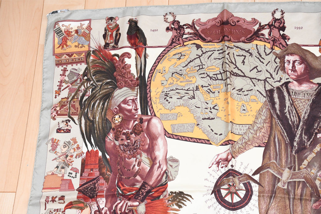 Hermes Scarf Les Ameriques COLMBVS 90 cm silk Columbus America Carre gray 35"