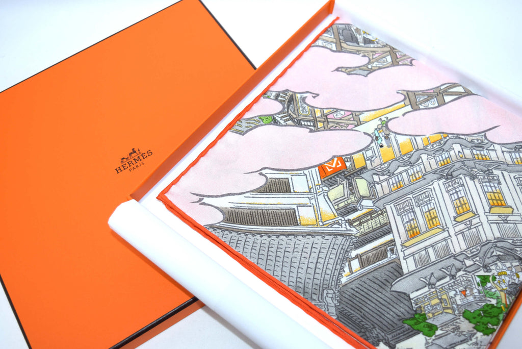 Hermes Scarf Les Artisans d'Hermes by Akira Yamaguchi 90 cm Silk Orange beige