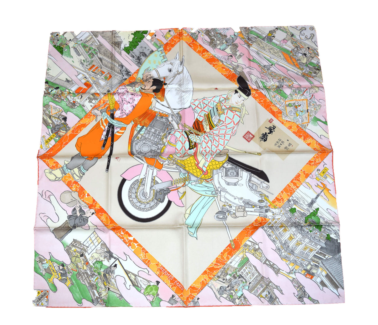 Hermes Scarf Les Artisans d'Hermes by Akira Yamaguchi 90 cm Silk Orange beige