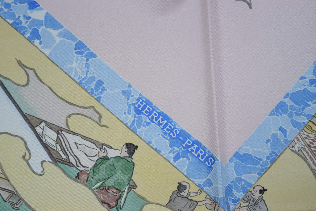 Hermes Scarf Les Artisans d'Hermes by Akira Yamaguchi 90 cm Silk Pink blue Japan