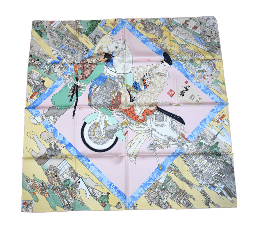 Hermes Scarf Les Artisans d'Hermes by Akira Yamaguchi 90 cm Silk Pink blue Japan