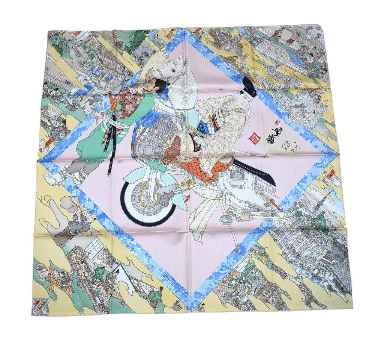 Hermes Scarf Les Artisans d'Hermes by Akira Yamaguchi 90 cm Silk Pink blue Japan