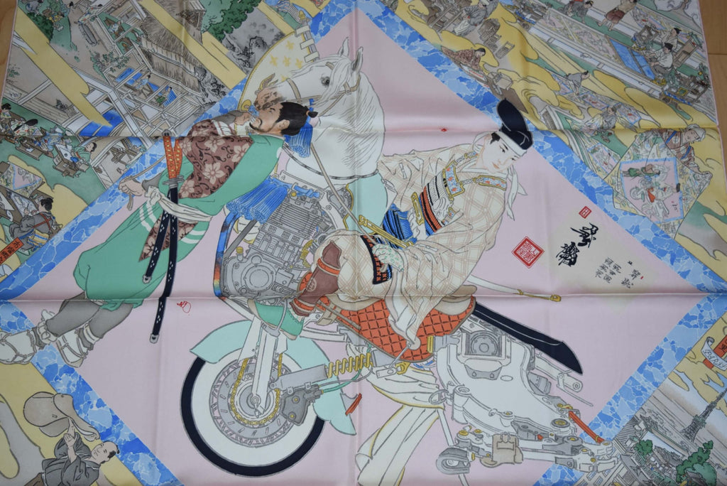 Hermes Scarf Les Artisans d'Hermes by Akira Yamaguchi 90 cm Silk Pink blue Japan