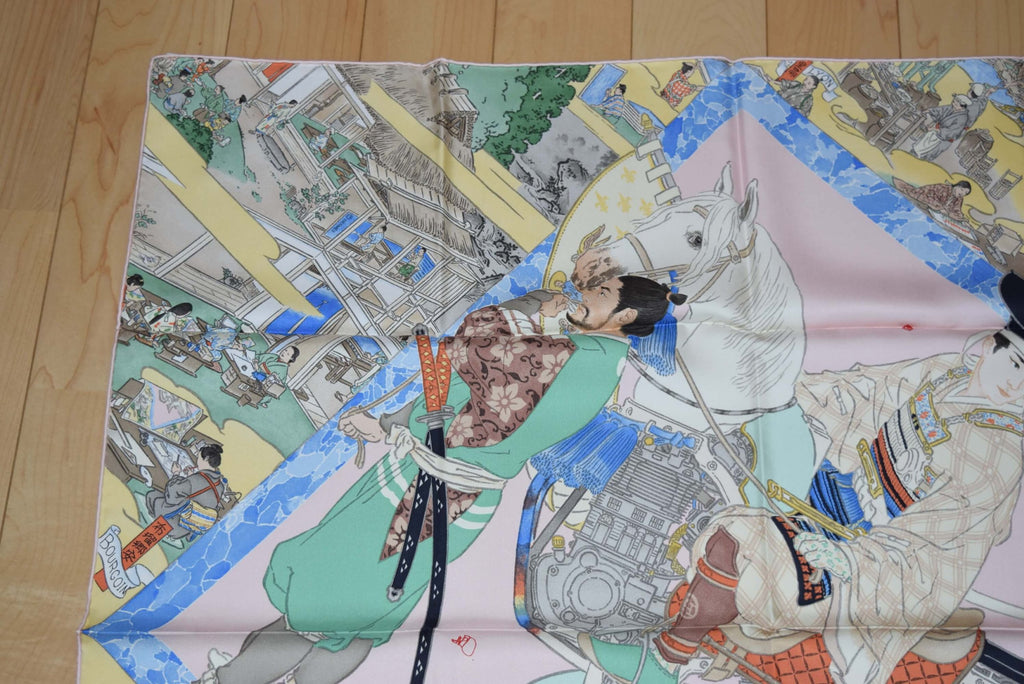 Hermes Scarf Les Artisans d'Hermes by Akira Yamaguchi 90 cm Silk Pink blue Japan