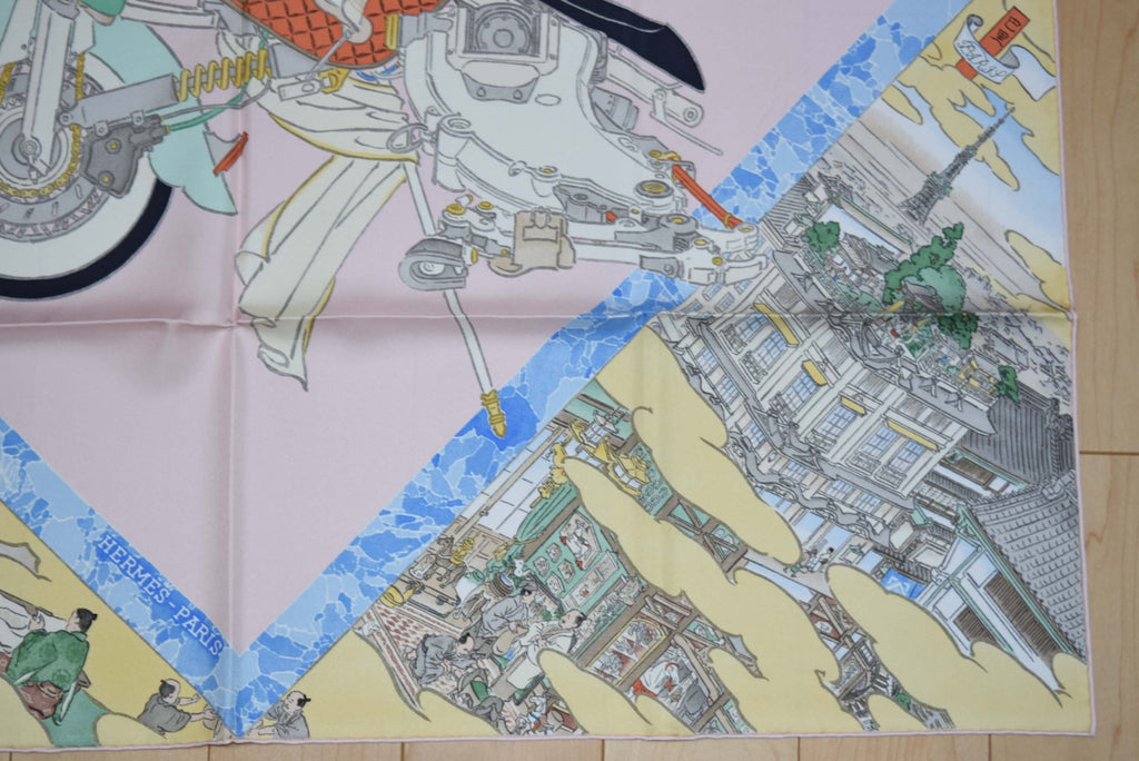 Hermes Scarf Les Artisans d'Hermes by Akira Yamaguchi 90 cm Silk Pink blue Japan