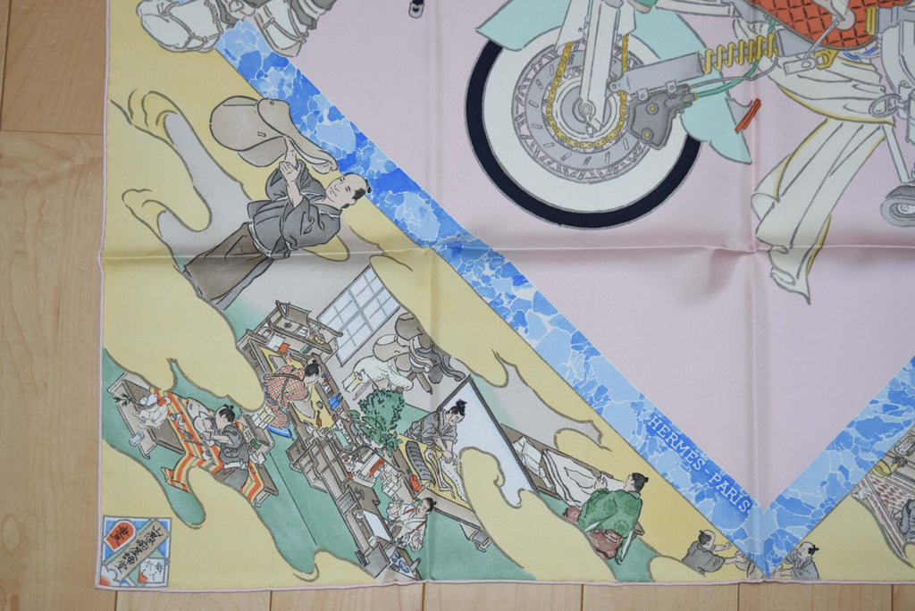 Hermes Scarf Les Artisans d'Hermes by Akira Yamaguchi 90 cm Silk Pink blue Japan