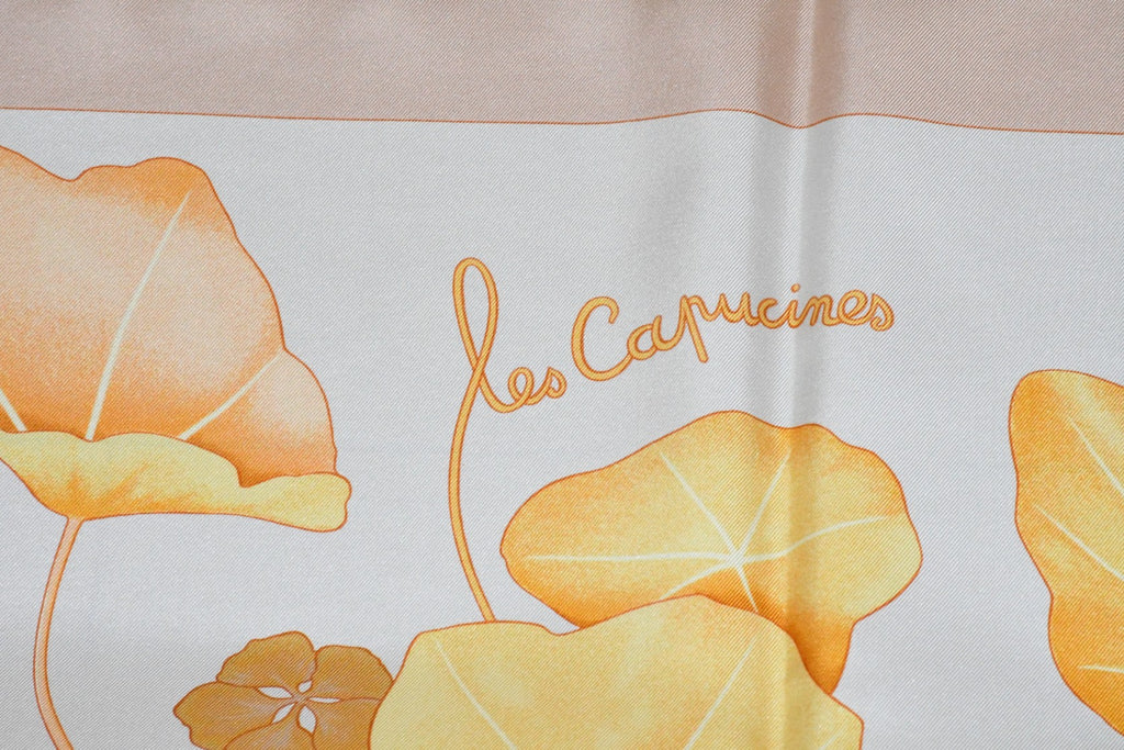 Hermes Scarf Les Capucines Silk 90 cm yellow orange Carre lotus flower 35"