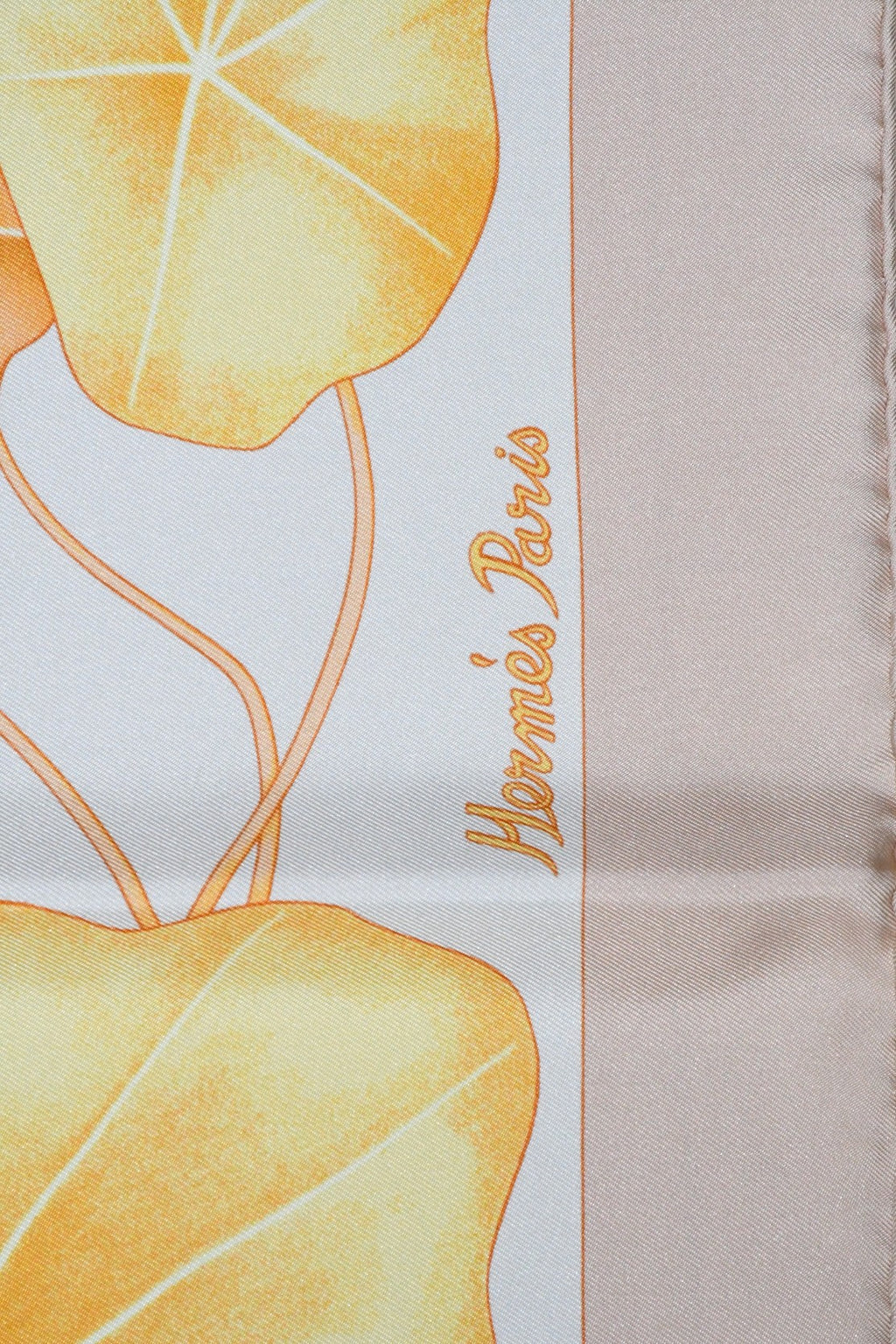 Hermes Scarf Les Capucines Silk 90 cm yellow orange Carre lotus flower 35"