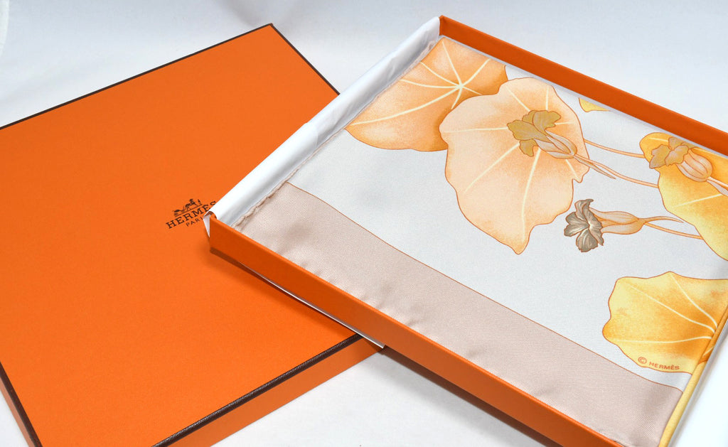Hermes Scarf Les Capucines Silk 90 cm yellow orange Carre lotus flower 35"