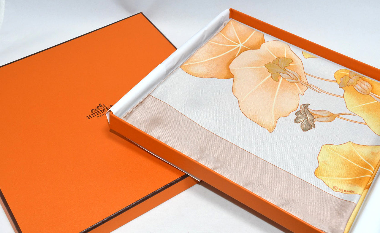Hermes Scarf Les Capucines Silk 90 cm yellow orange Carre lotus flower 35"