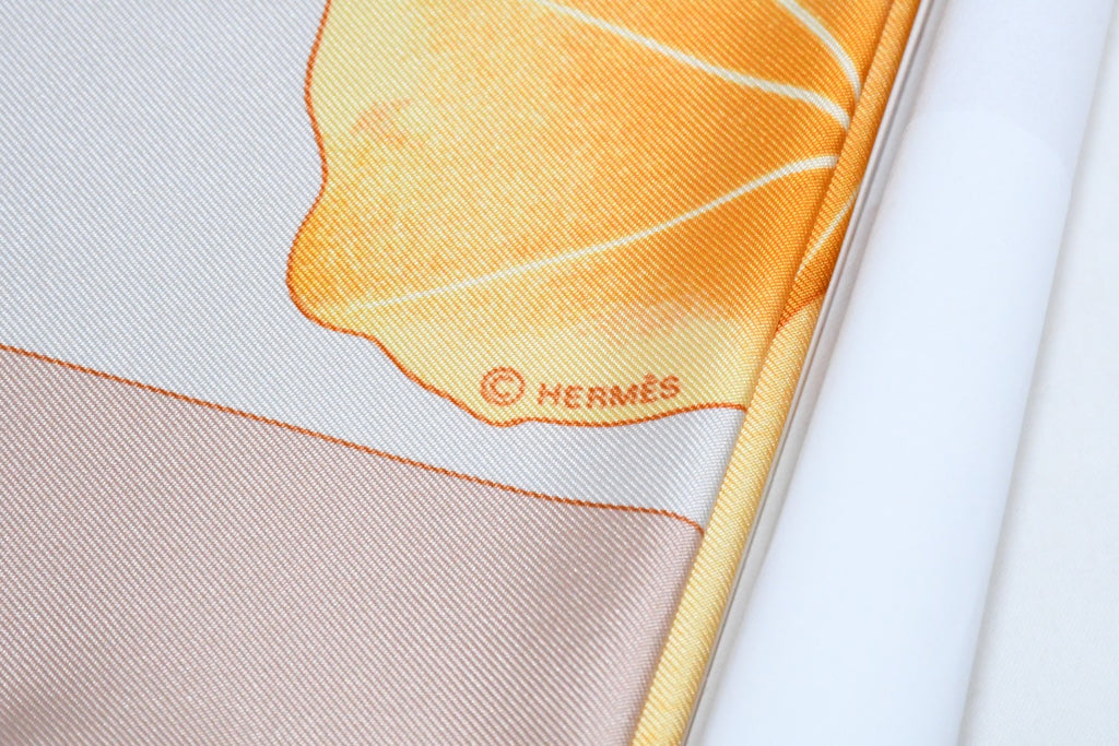 Hermes Scarf Les Capucines Silk 90 cm yellow orange Carre lotus flower 35"