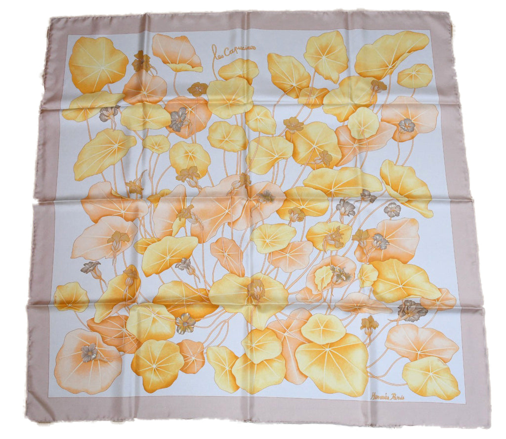Hermes Scarf Les Capucines Silk 90 cm yellow orange Carre lotus flower 35"