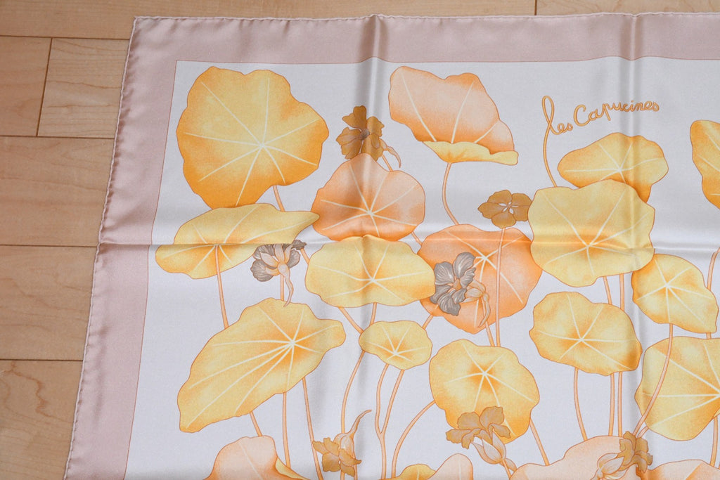 Hermes Scarf Les Capucines Silk 90 cm yellow orange Carre lotus flower 35"