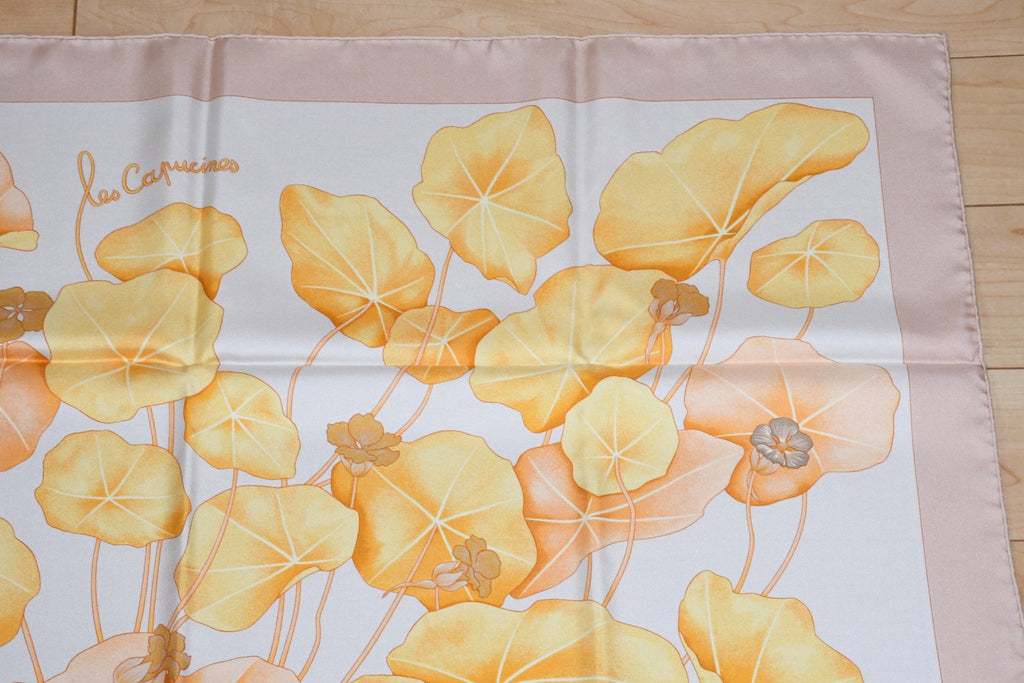 Hermes Scarf Les Capucines Silk 90 cm yellow orange Carre lotus flower 35"