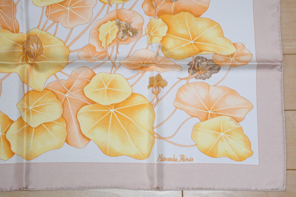 Hermes Scarf Les Capucines Silk 90 cm yellow orange Carre lotus flower 35"