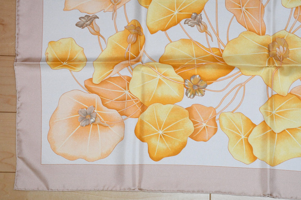 Hermes Scarf Les Capucines Silk 90 cm yellow orange Carre lotus flower 35"