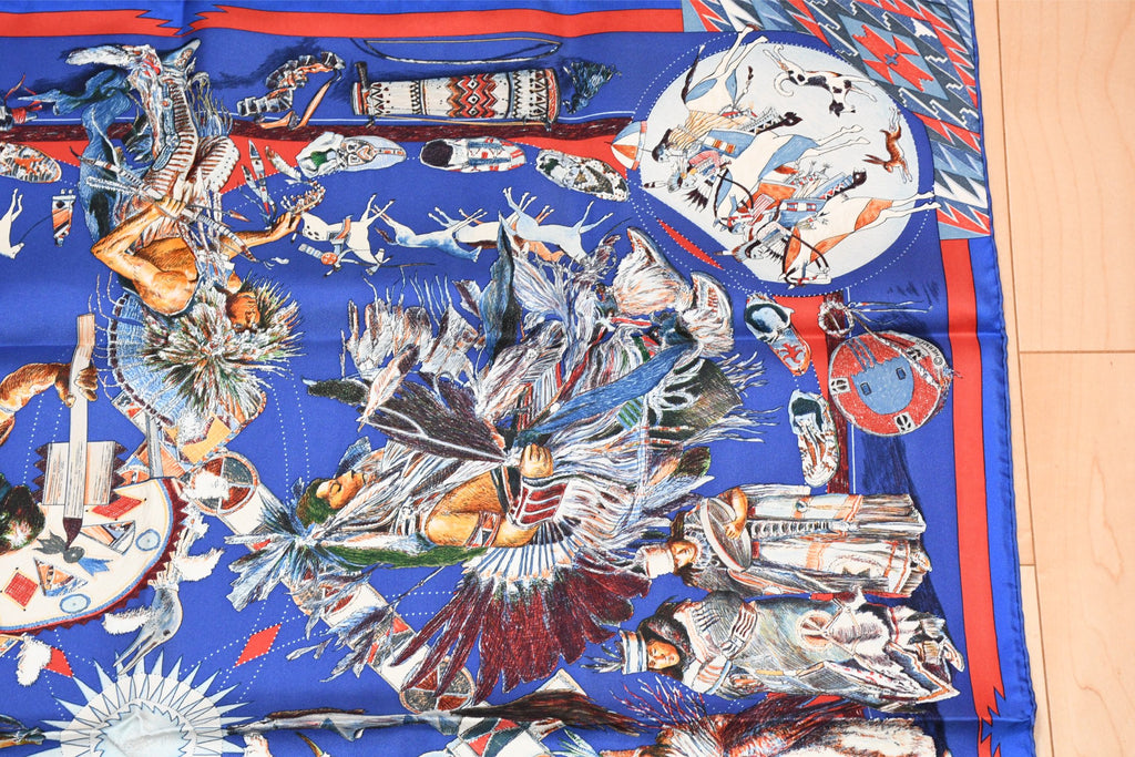 Hermes Scarf Les Danses des Indiens by Kermit Oliver 90 cm silk blue Carre kachina 35"