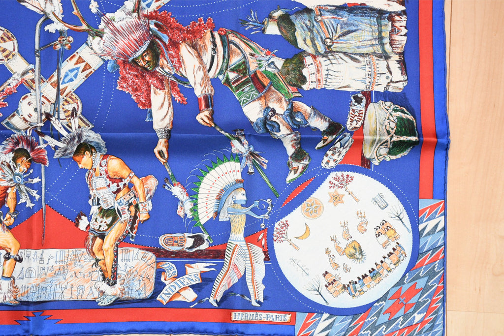 Hermes Scarf Les Danses des Indiens by Kermit Oliver 90 cm silk blue Carre kachina 35"