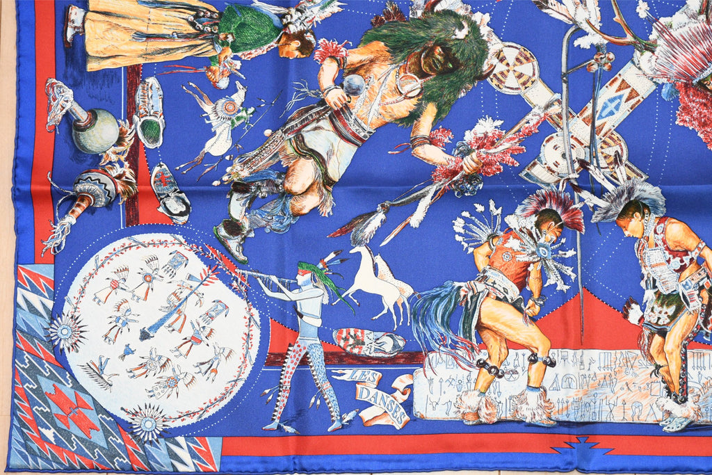 Hermes Scarf Les Danses des Indiens by Kermit Oliver 90 cm silk blue Carre kachina 35"