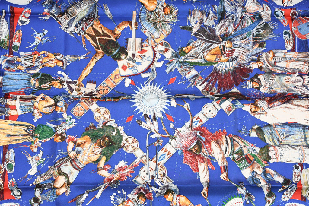 Hermes Scarf Les Danses des Indiens by Kermit Oliver 90 cm silk blue Carre kachina 35"