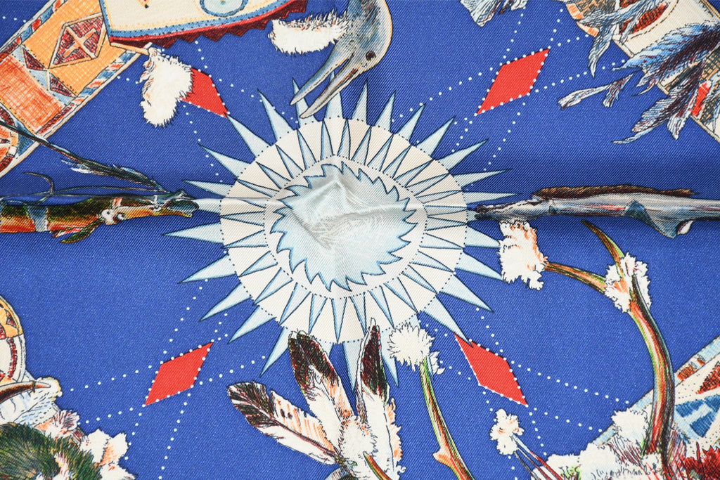 Hermes Scarf Les Danses des Indiens by Kermit Oliver 90 cm silk blue Carre kachina 35"