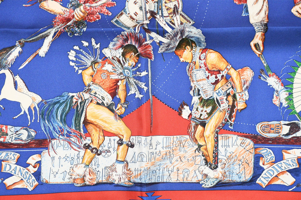 Hermes Scarf Les Danses des Indiens by Kermit Oliver 90 cm silk blue Carre kachina 35"