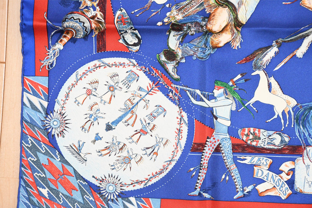 Hermes Scarf Les Danses des Indiens by Kermit Oliver 90 cm silk blue Carre kachina 35"