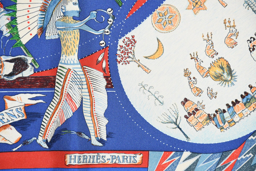 Hermes Scarf Les Danses des Indiens by Kermit Oliver 90 cm silk blue Carre kachina 35"