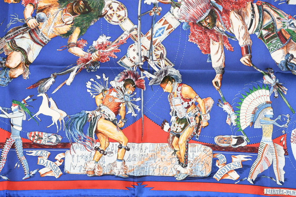 Hermes Scarf Les Danses des Indiens by Kermit Oliver 90 cm silk blue Carre kachina 35"