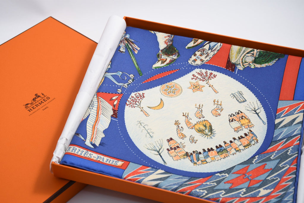 Hermes Scarf Les Danses des Indiens by Kermit Oliver 90 cm silk blue Carre kachina 35"