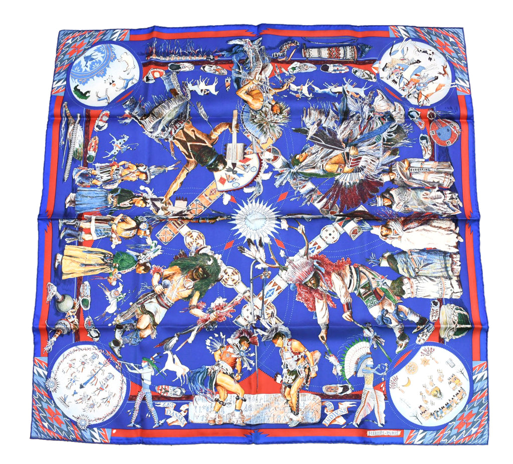 Hermes Scarf Les Danses des Indiens by Kermit Oliver 90 cm silk blue Carre kachina 35"
