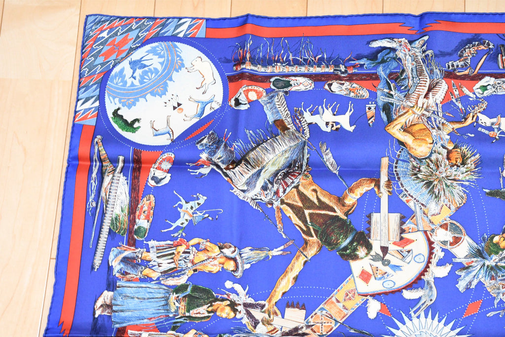 Hermes Scarf Les Danses des Indiens by Kermit Oliver 90 cm silk blue Carre kachina 35"