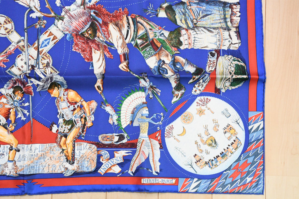 Hermes Scarf Les Danses des Indiens by Kermit Oliver 90 cm silk blue Carre kachina 35"