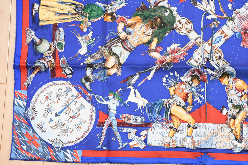 Hermes Scarf Les Danses des Indiens by Kermit Oliver 90 cm silk blue Carre kachina 35"